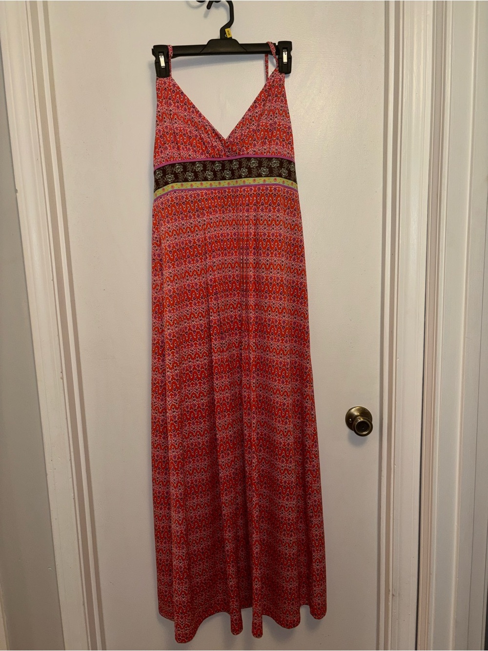 Orange Printed V-Neck Maxi Dress with Contrast Waistband